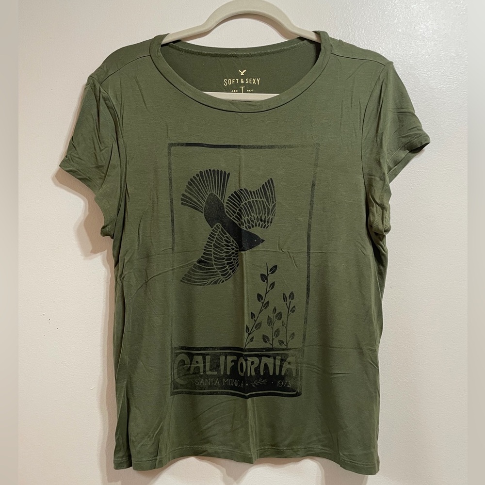 American Eagle Outfitters Olive Green Graphic Tee with Bird Print